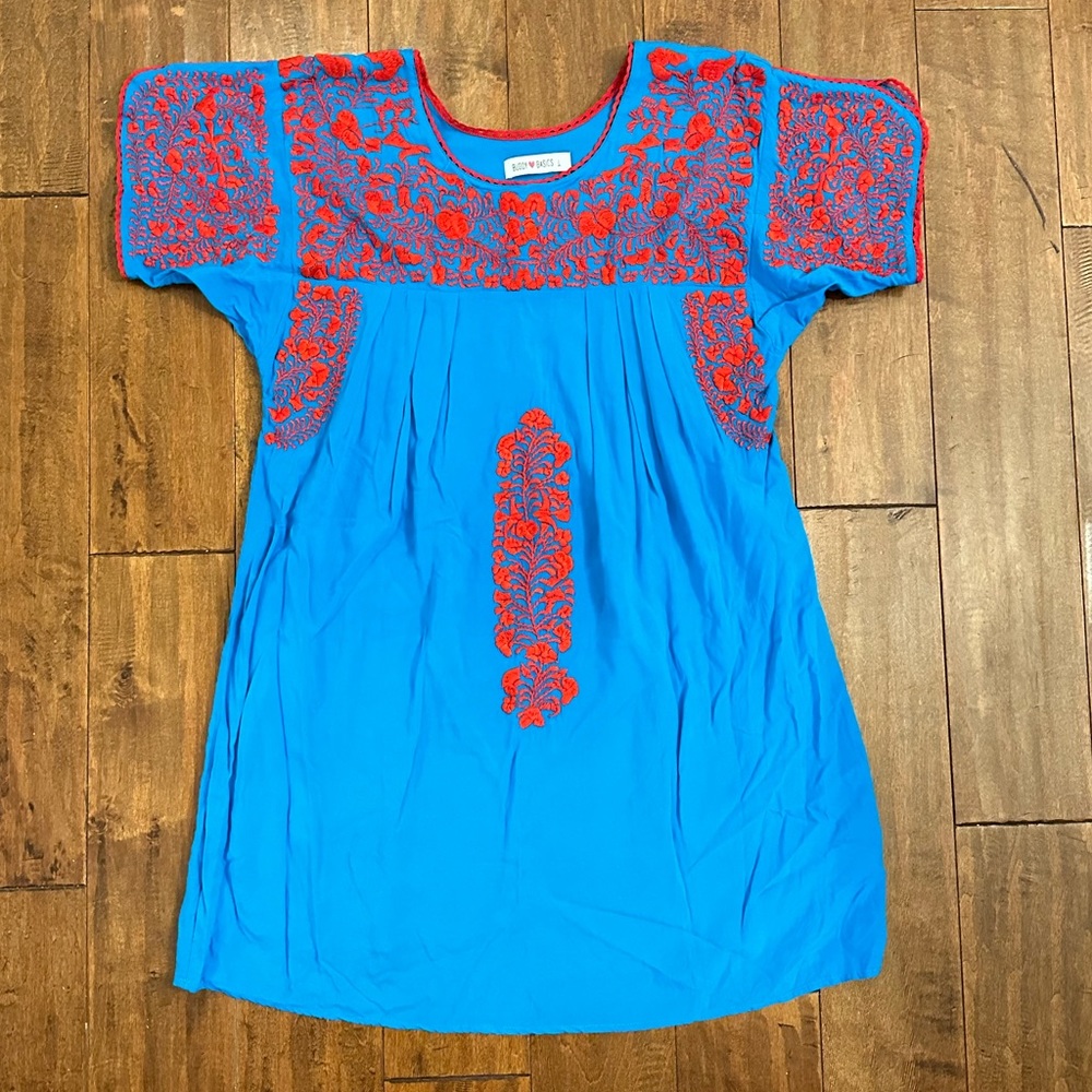 Buddy Basics Embroidered Blue Mexican Dress Sz M/L